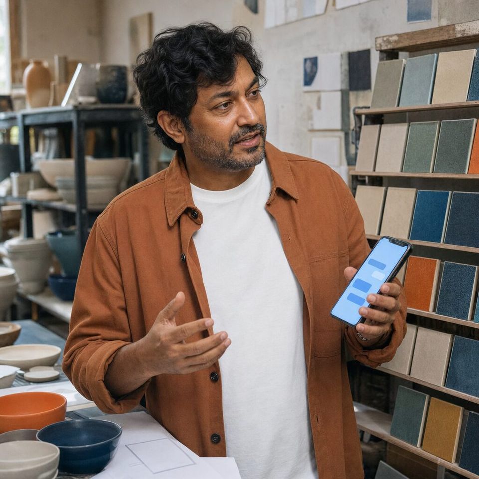 Illustrative photo: the owner of a family-owned ceramics factory asks the AI Advisory Council for help from their phone.