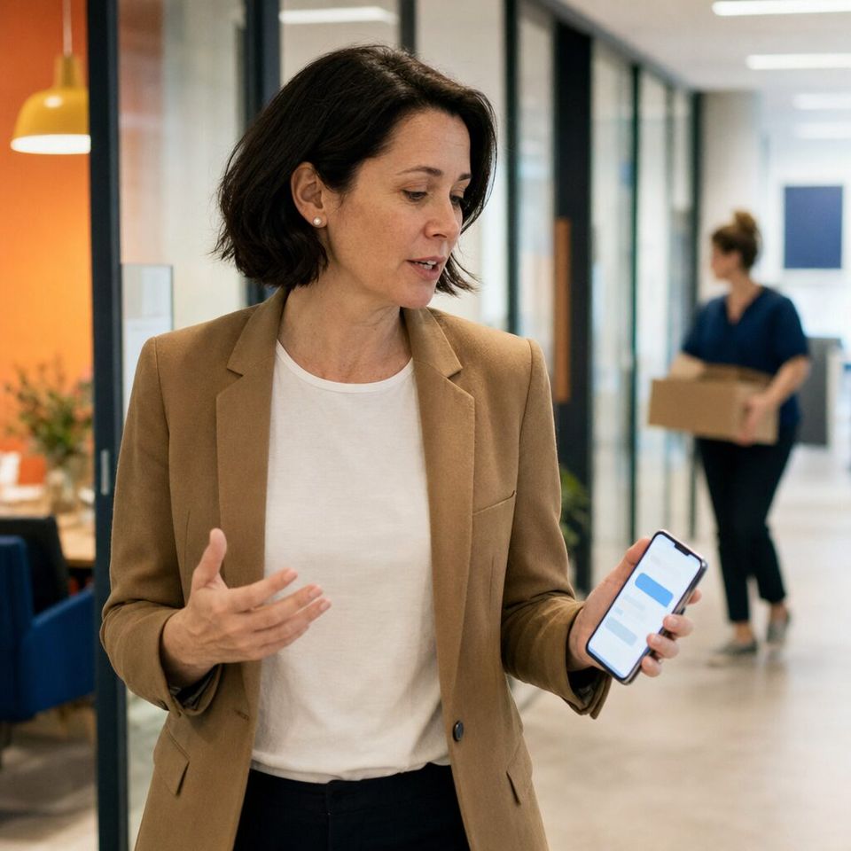 Illustrative photo: the operations director of a small business with several locations asks the Agent Manager for help from their phone.