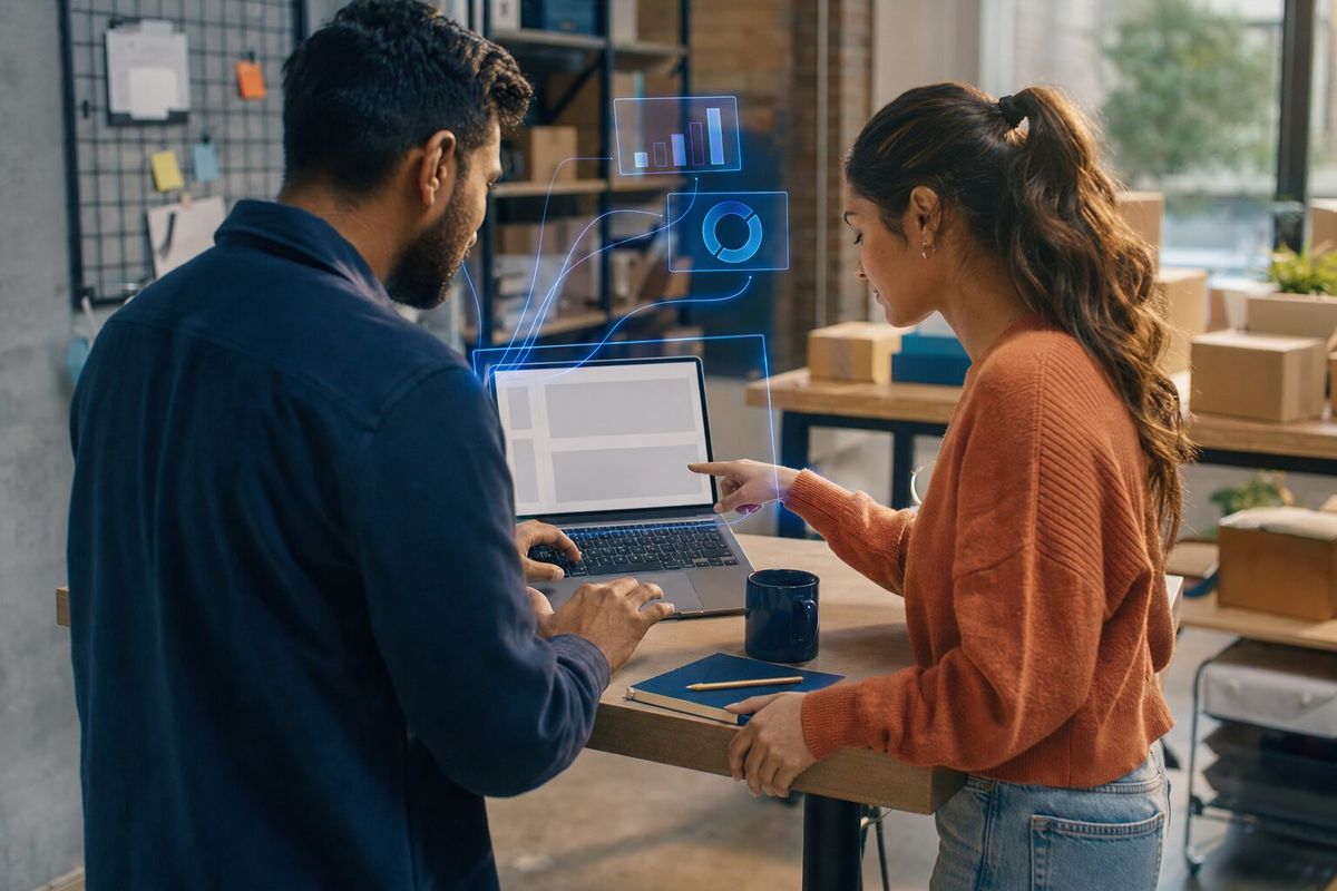 Illustrative photo: the Analytics Setup Agent at work for the web team, laying out results as blue panels above a laptop.