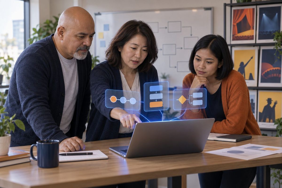 Illustrative photo: the Platform Architect (Claude) at work for the product and engineering leads of a small ticketing company, laying out results as blue panels above a laptop.