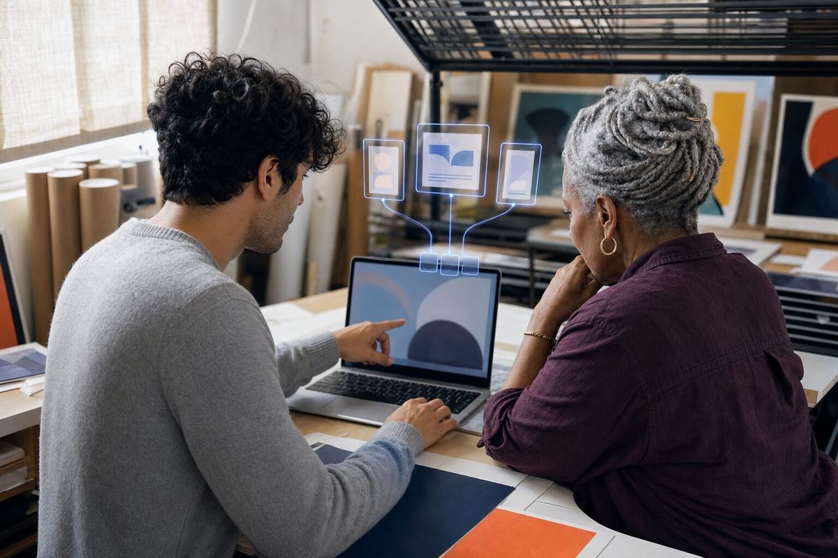 Illustrative photo: the Blockchain Advisor at work for the owner and gallery assistant of an online art-print gallery, laying out results as blue panels above a laptop.