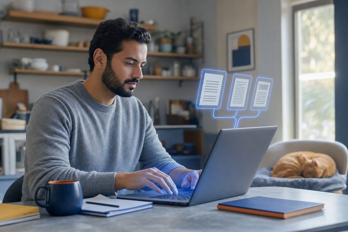 Illustrative photo: the Blog Writer at work for the content editor, laying out results as blue panels above a laptop.