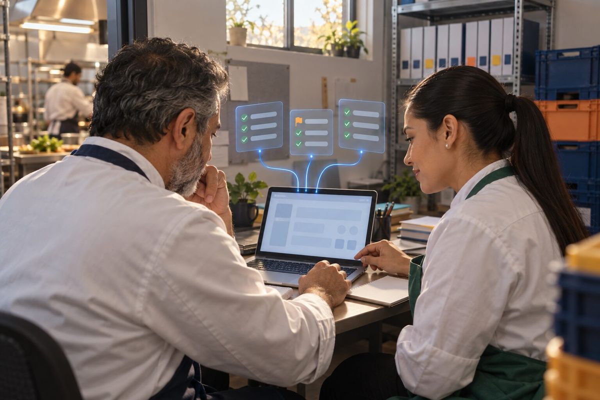 Illustrative photo: the Bookkeeper at work for the owner and office manager of a small catering company, laying out results as blue panels above a laptop.
