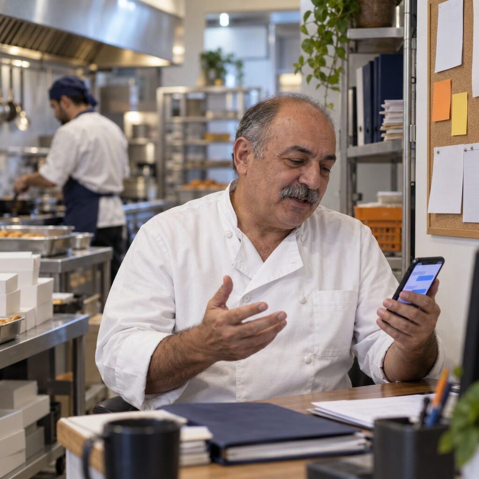 Illustrative photo: the owner-manager of a small catering company asks the Bookkeeper for help from their phone.
