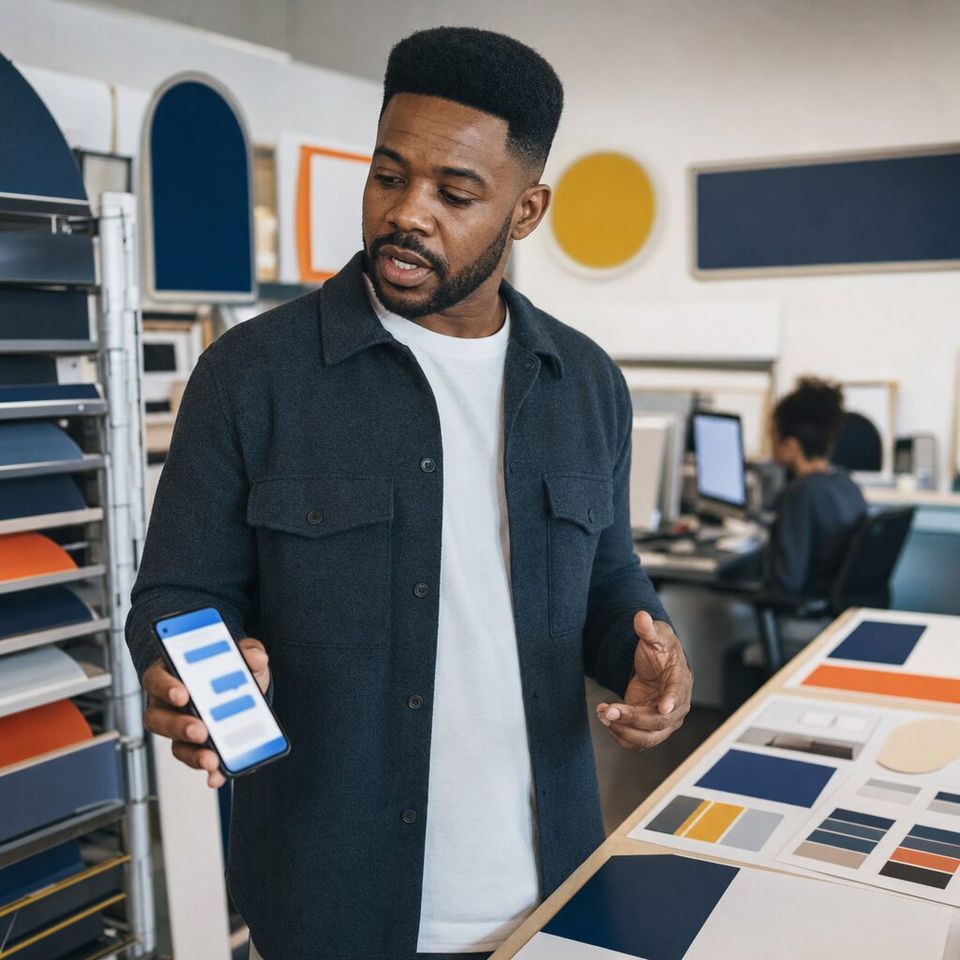 Illustrative photo: the marketing manager of a 12-location franchise group asks the Brand Consistency Agent for help from their phone.