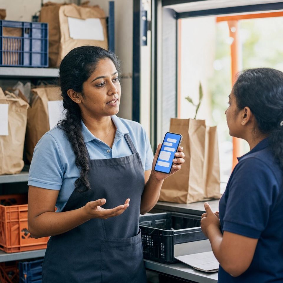 Illustrative photo: the owner of a small online grocery-delivery start-up asks the Bug Reporter for help from their phone.