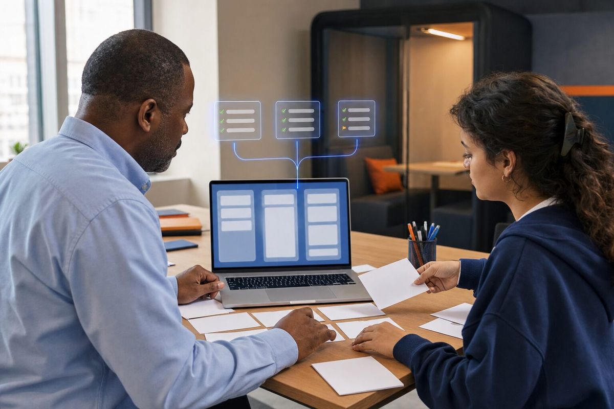 Illustrative photo: the Build Kit at work for the project team at a property-management company, laying out results as blue panels above a laptop.
