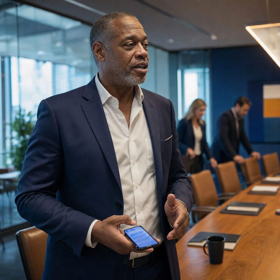 Illustrative photo: the CEO of a 60-person company asks the Leadership Strategist for help from their phone.