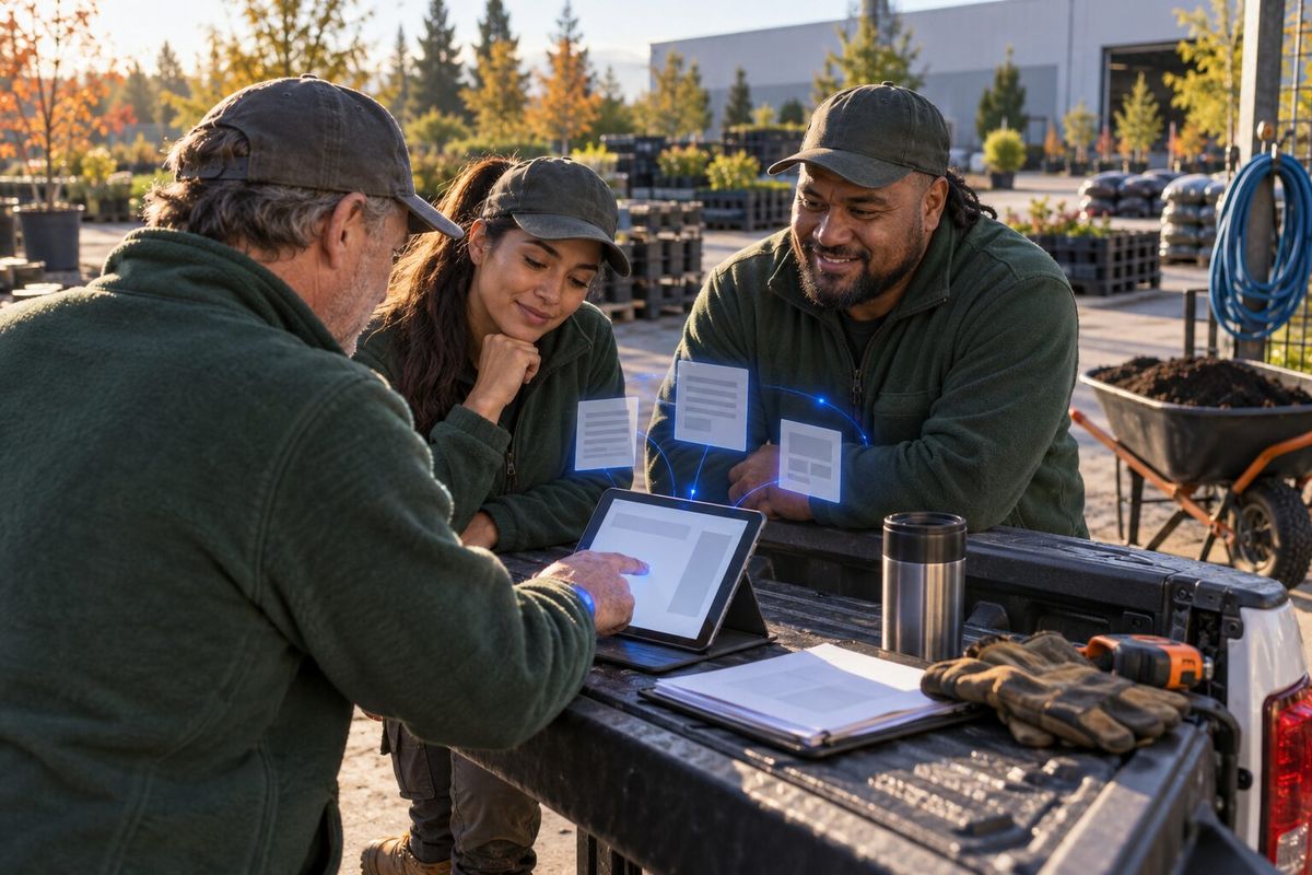Illustrative photo: the Case Study Writer at work for the owner, account manager and crew lead of a small commercial-landscaping firm, laying out results as blue panels above a tablet.