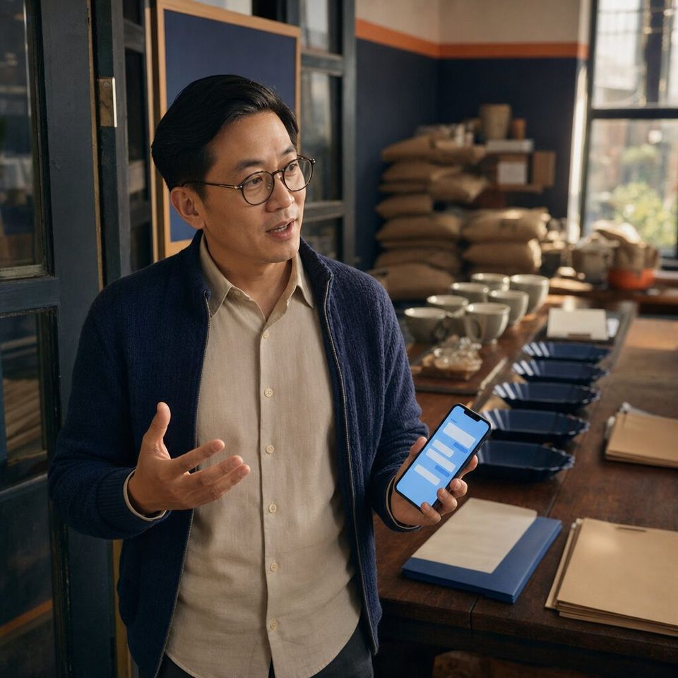 Illustrative photo: the owner of a family-owned coffee exporter asks the AI CEO for help from their phone.