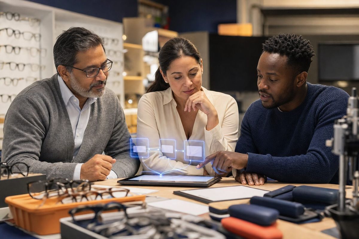 Illustrative photo: the Chief AI Officer at work for the owner and clinical lead and training manager of a regional chain of opticians, laying out results as blue panels above a tablet.