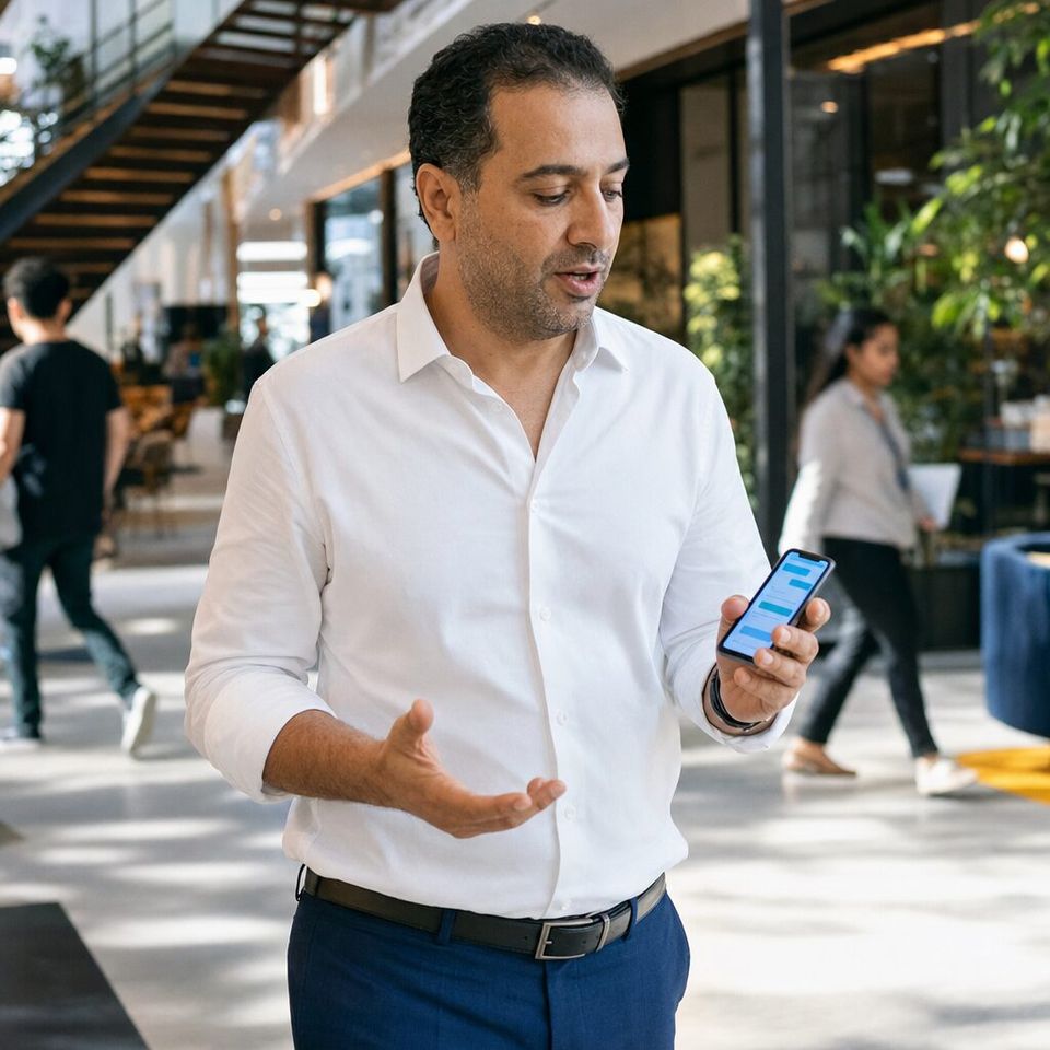 Illustrative photo: the founder and CEO of a scale-up asks the Chief of Staff for help from their phone.
