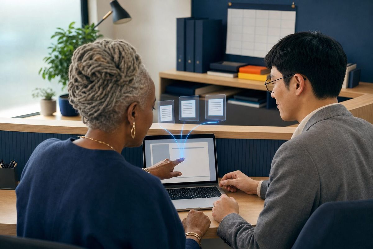 Illustrative photo: the AI Clone at work for the owner and office manager of a small financial-planning practice, laying out results as blue panels above a laptop.