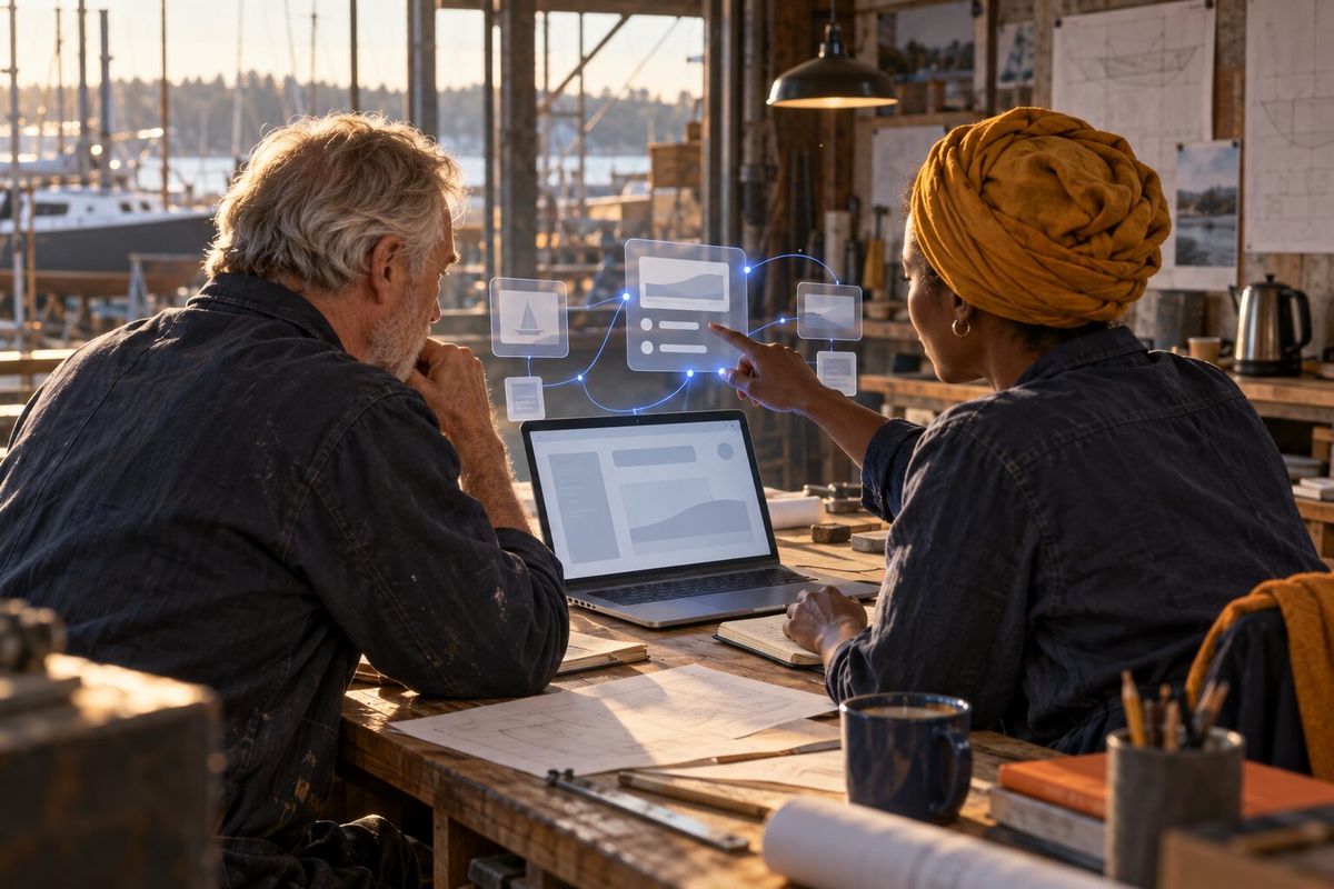 Illustrative photo: the Brain Manager at work for the owner and yard manager of a boatyard, laying out results as blue panels above a laptop.