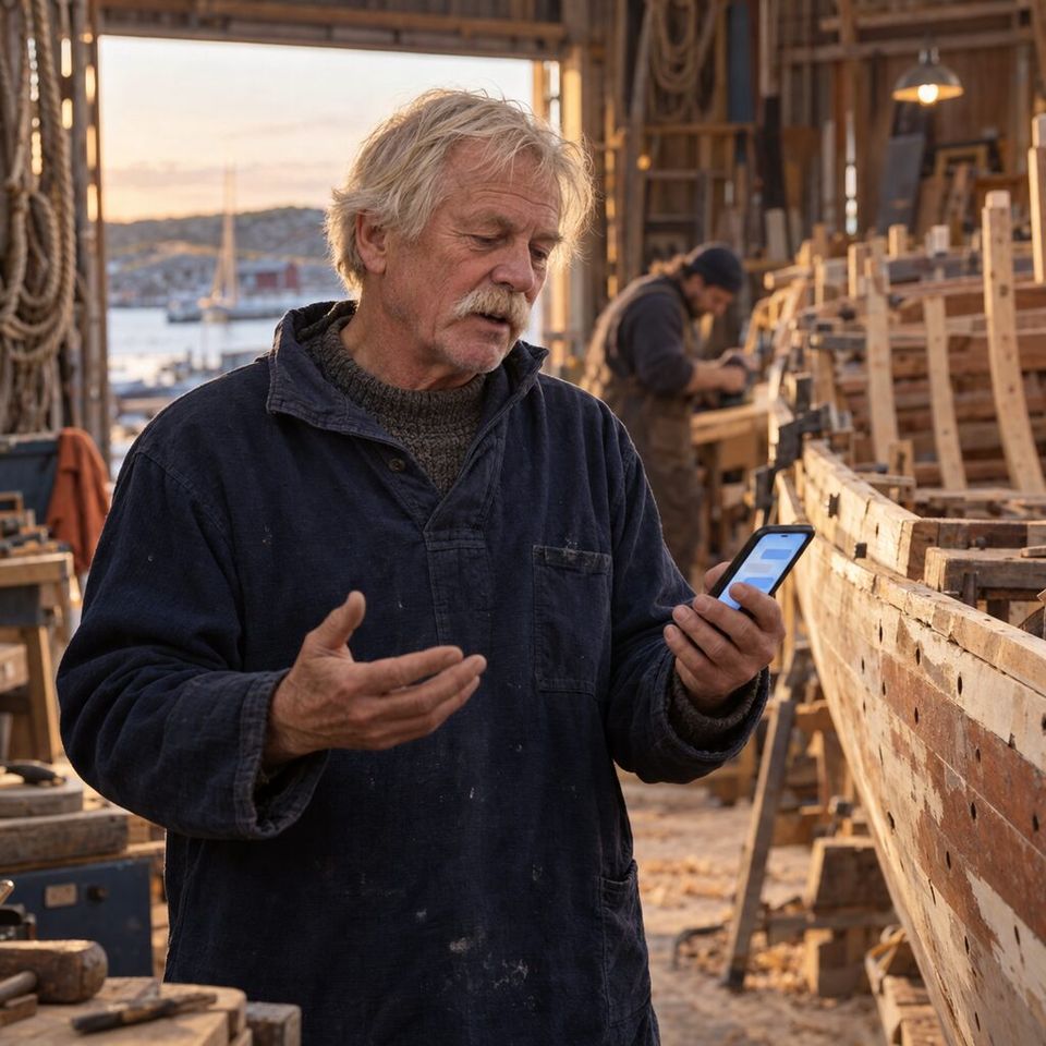 Illustrative photo: the owner of a boatyard that restores wooden boats asks the Brain Manager for help from their phone.