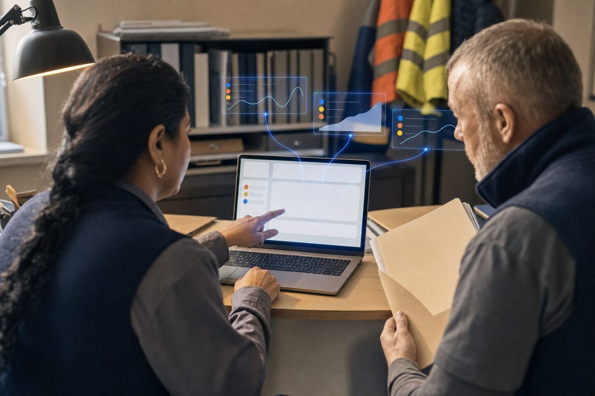 Illustrative photo: the Compliance Calendar Keeper at work for the owner and office manager of a family-run trucking company, laying out results as blue panels above a laptop.
