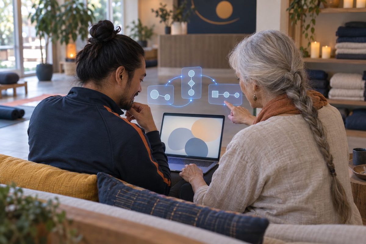 Illustrative photo: the Concierge at work for the owner and manager of a group of yoga studios, laying out results as blue panels above a laptop.