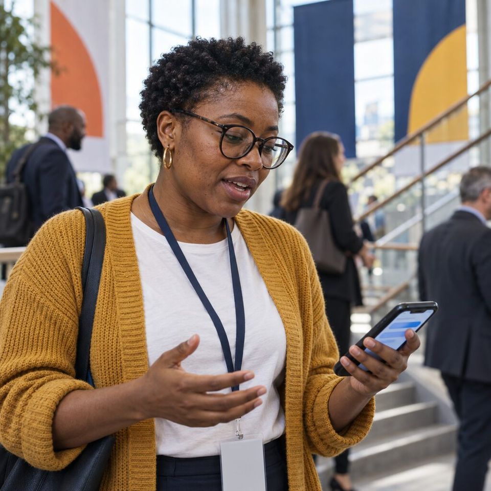 Illustrative photo: the marketing manager of a sustainable-packaging supplier asks the Content Repurposer for help from their phone.