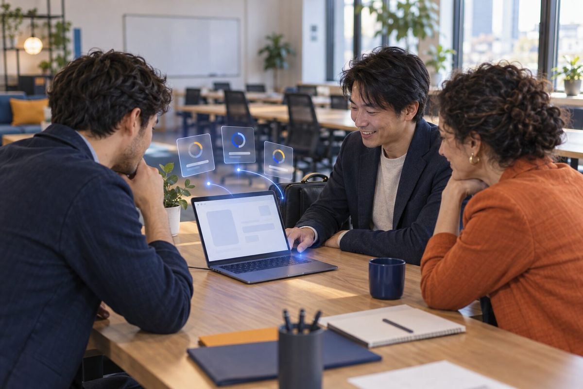 Illustrative photo: the Customer Onboarding Manager at work for the community manager, founder and a new member of a small coworking space, laying out results as blue panels above a laptop.