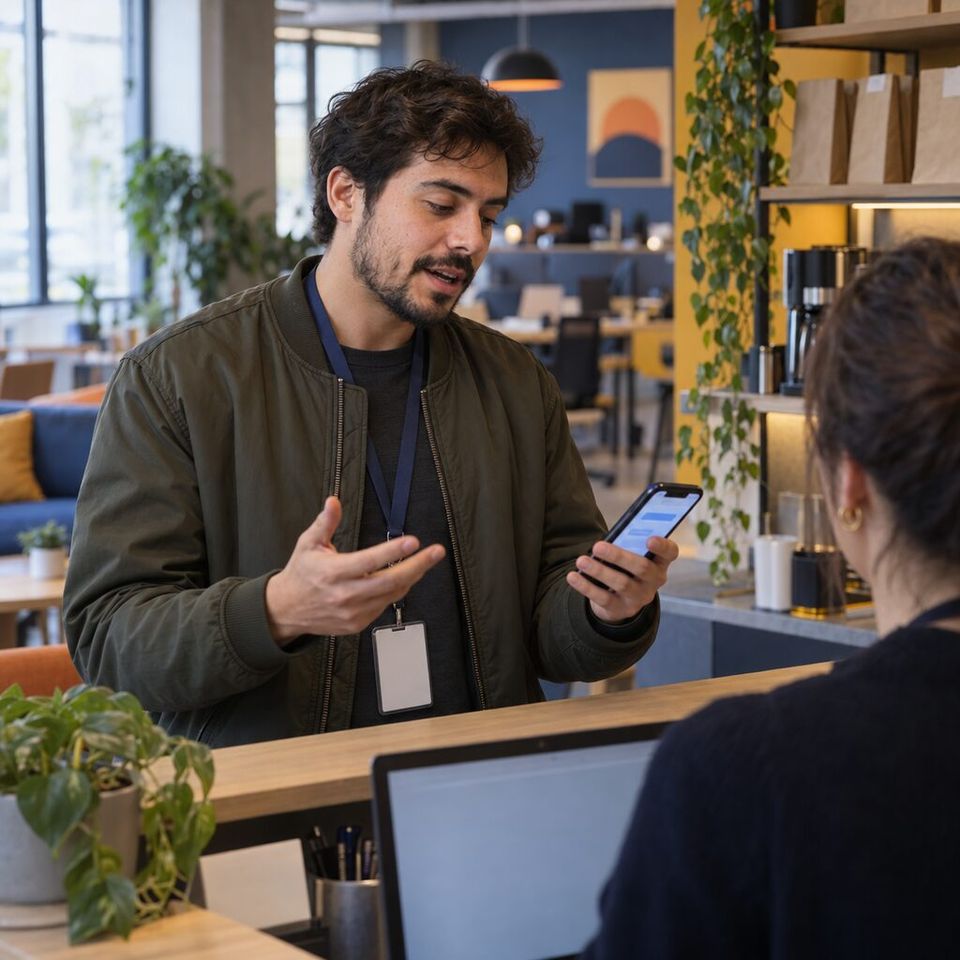 Illustrative photo: the community manager of a small coworking space asks the Customer Onboarding Manager for help from their phone.