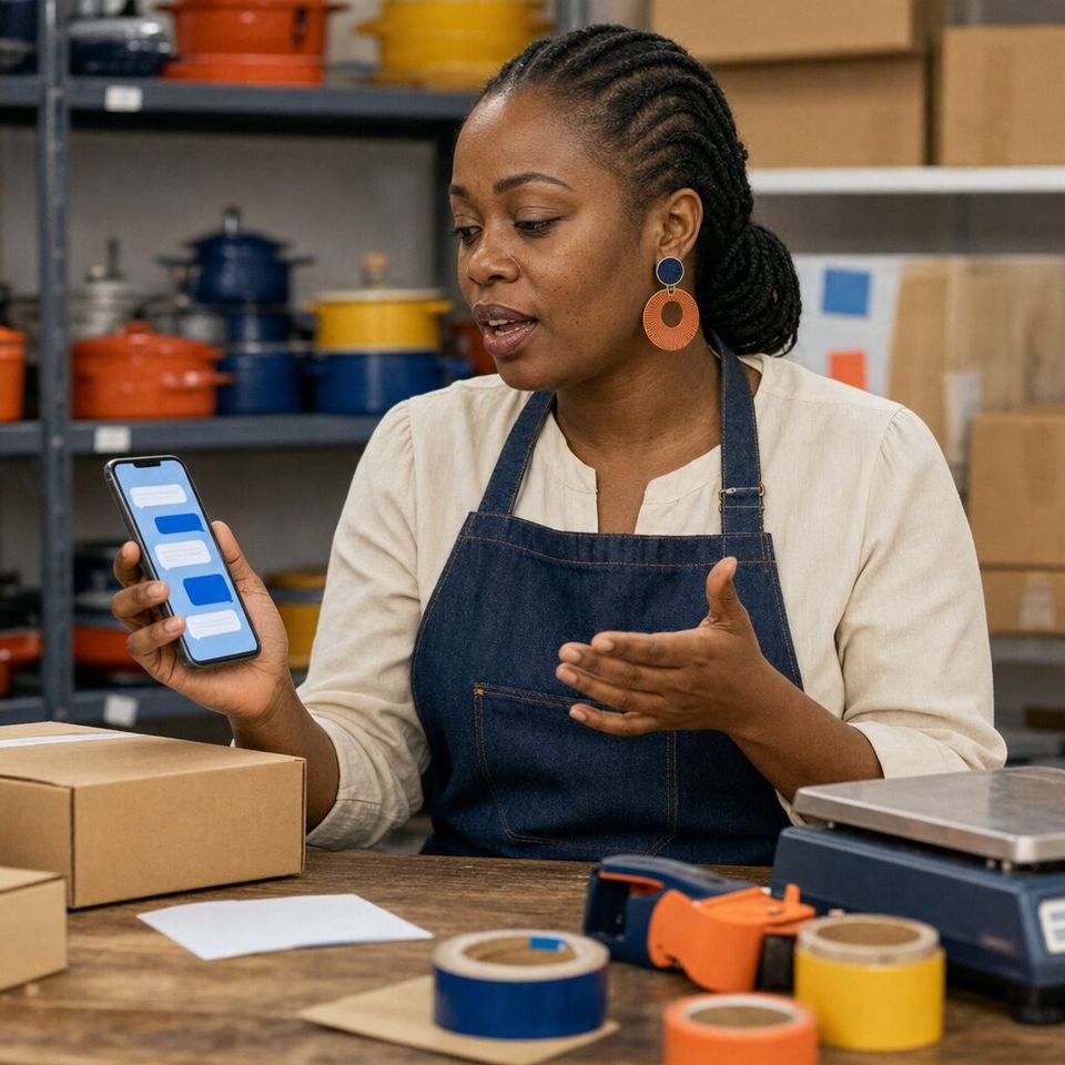 Illustrative photo: the owner of an online cookware shop asks the Customer Support Agent for help from their phone.