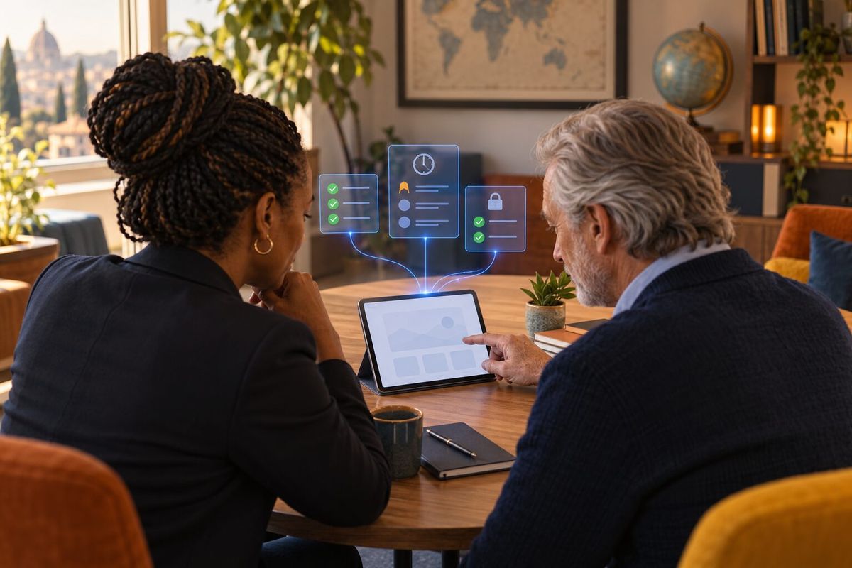 Illustrative photo: the Data & Privacy Governance Officer at work for the operations lead and owner of an independent travel agency, laying out results as blue panels above a tablet.