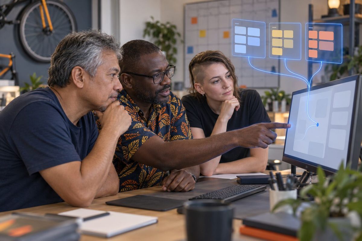 Illustrative photo: the Dev Desk at work for the in-house software group of a bike-share operator, laying out results as blue panels above a monitor.