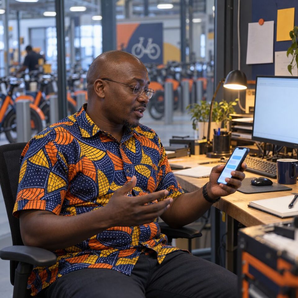 Illustrative photo: the development lead of the in-house software group at a bike-share operator asks the Dev Desk for help from their phone.