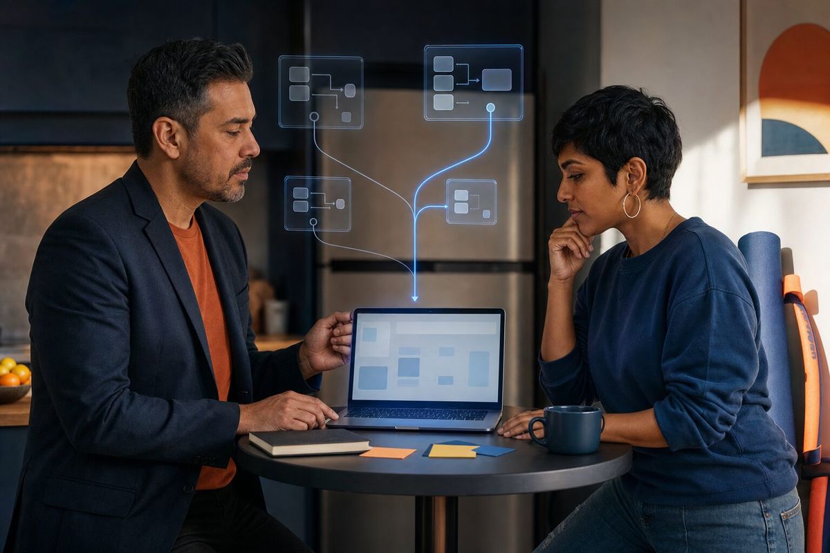 Illustrative photo: the Dev Strategist at work for the technical leads of a fitness-app start-up, laying out results as blue panels above a laptop.