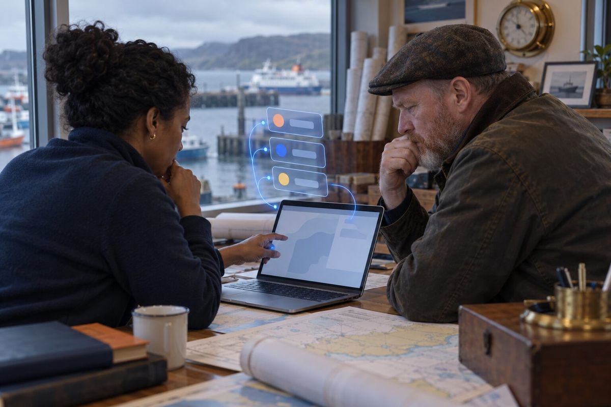 Illustrative photo: the Dev Strategist (GPT) at work for the decision-makers at a regional ferry and boat-tour operator, laying out results as blue panels above a laptop.