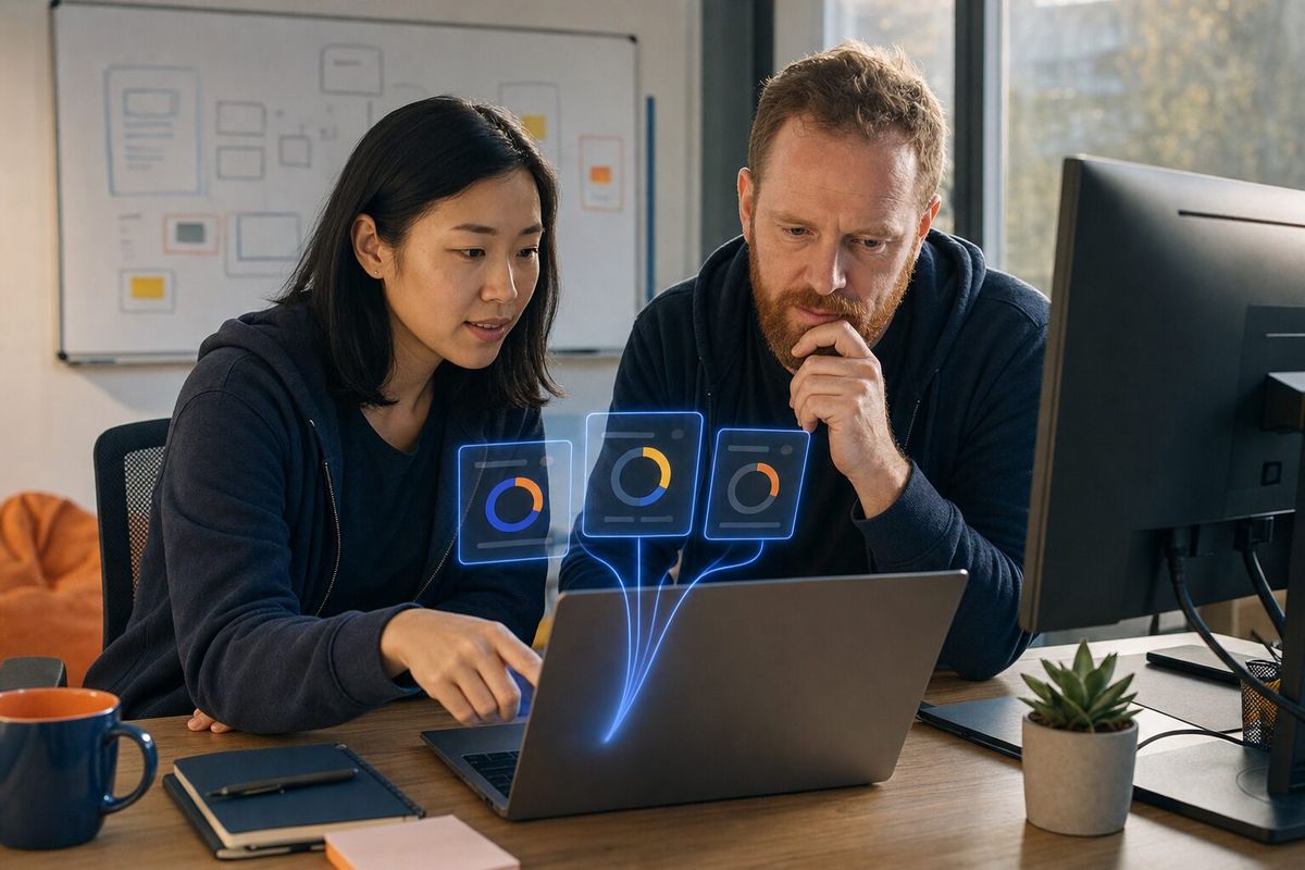 Illustrative photo: the Development Coach at work for the CTO and a senior developer reviewing how they work with AI agents, laying out results as blue panels above a laptop.