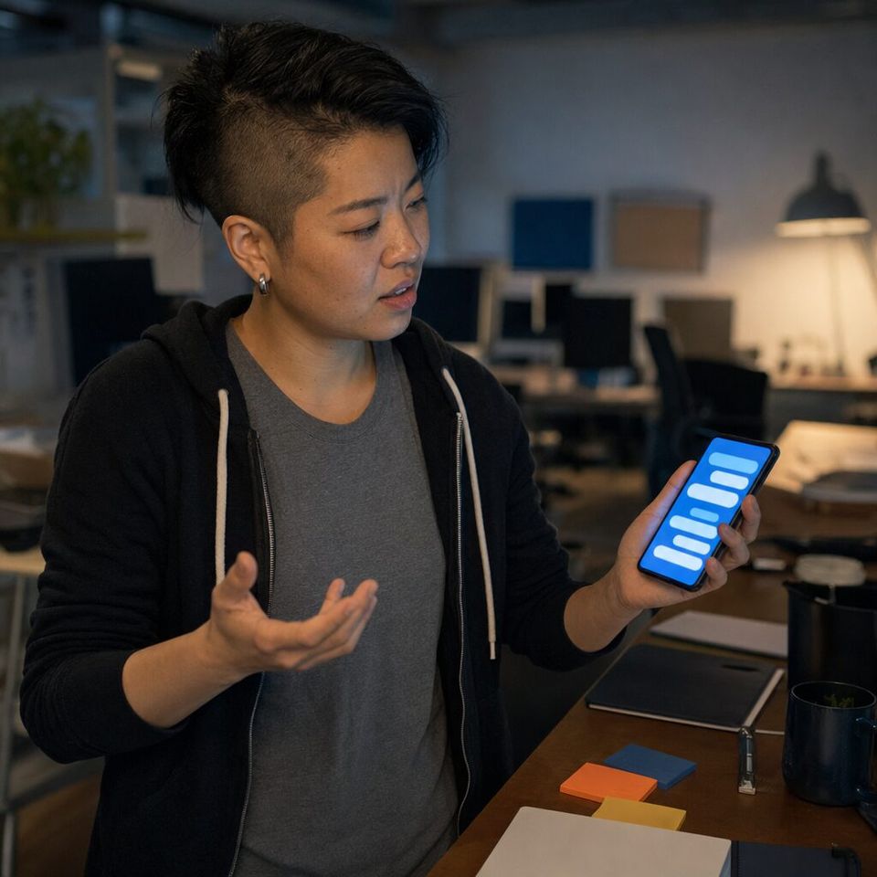 Illustrative photo: the CTO of a 25-person software company asks the Development Coach for help from their phone.