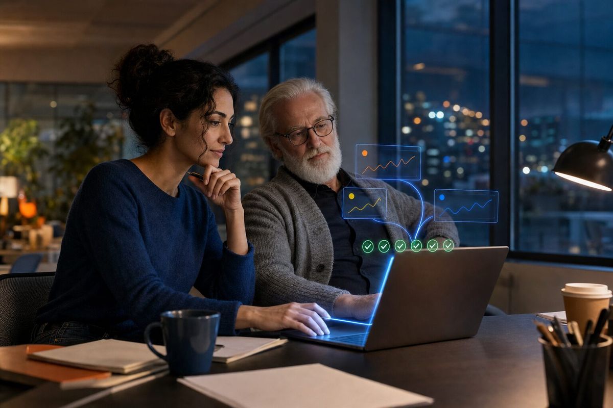 Illustrative photo: the DevOps Agent at work for the engineering team of a logistics software company, laying out results as blue panels above a laptop.
