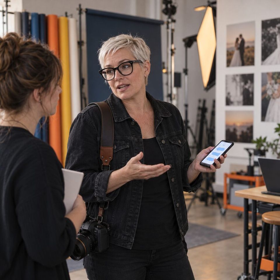 Illustrative photo: the owner of a photography studio asks the Concierge why the server's disk is almost full.