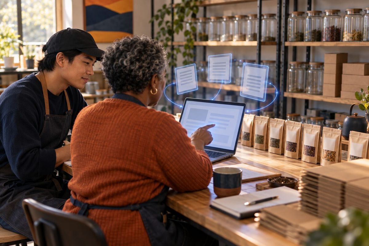 Illustrative photo: the Email Marketing Manager at work for the owner and packer of an online tea shop, laying out results as blue panels above a laptop.