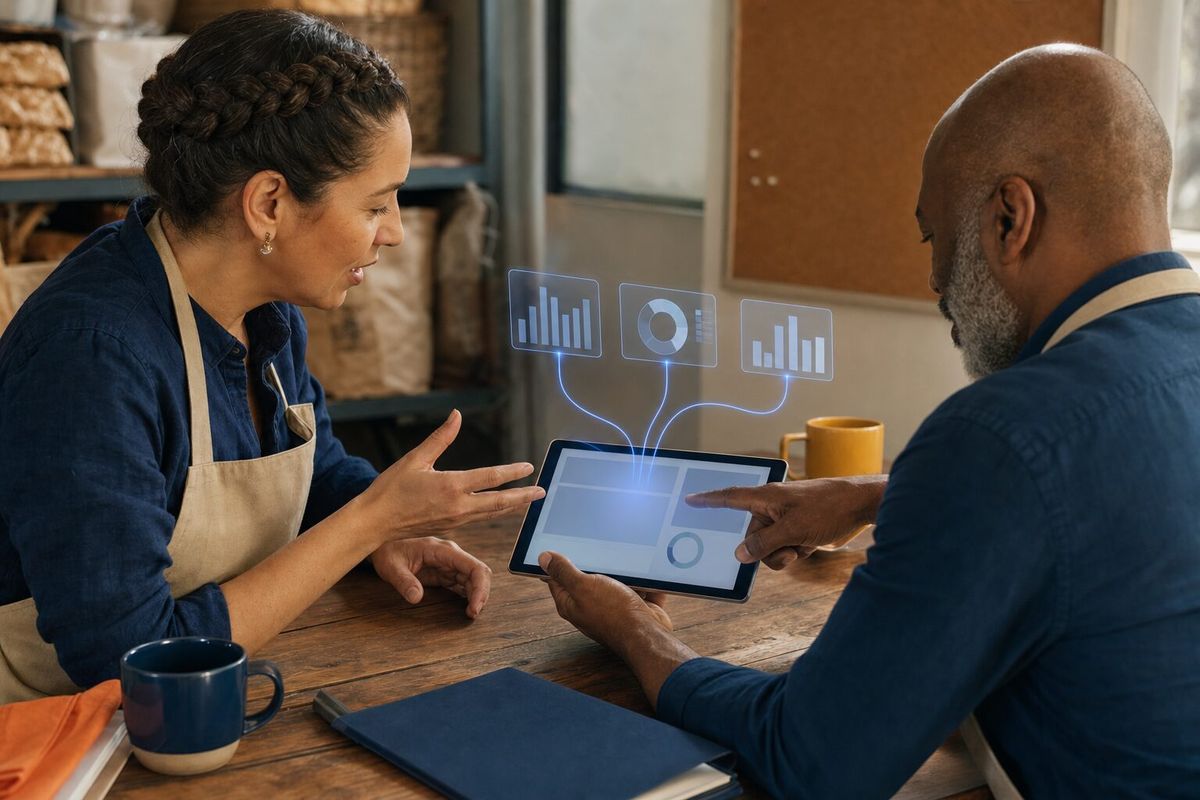 Illustrative photo: the Employee Engagement Agent at work for the owner and people manager of a family-owned bakery chain, laying out results as blue panels above a tablet.
