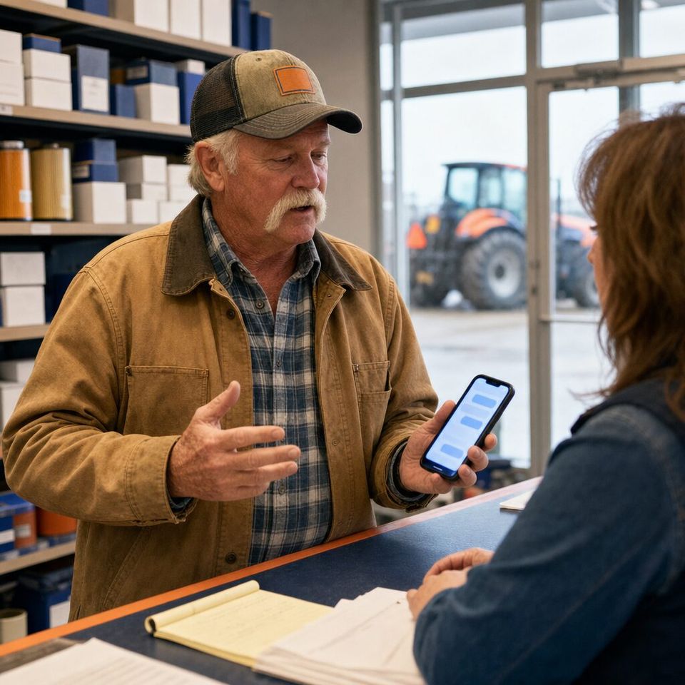 Illustrative photo: the owner of a family-run farm-equipment dealer asks the Expense Manager for help from their phone.