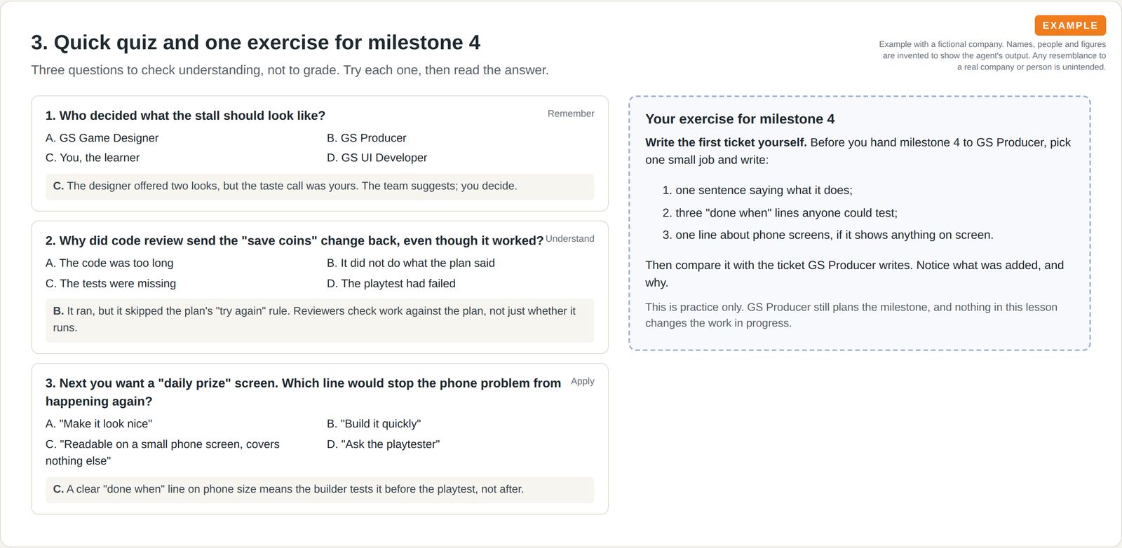 Three multiple-choice practice questions with explained answers, and one exercise card for the next milestone.