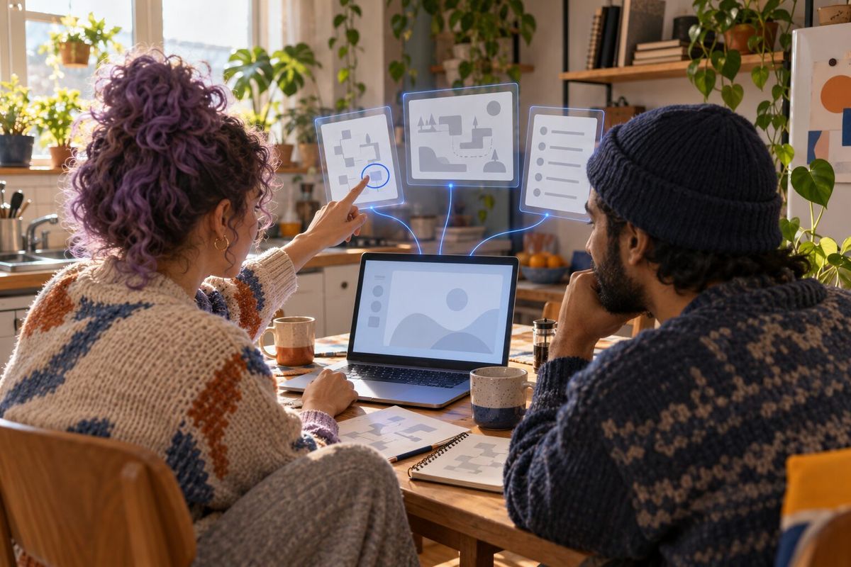 Illustrative photo: the GS Game Designer at work for the two founders of a cosy puzzle game studio, laying out results as blue panels above a laptop.