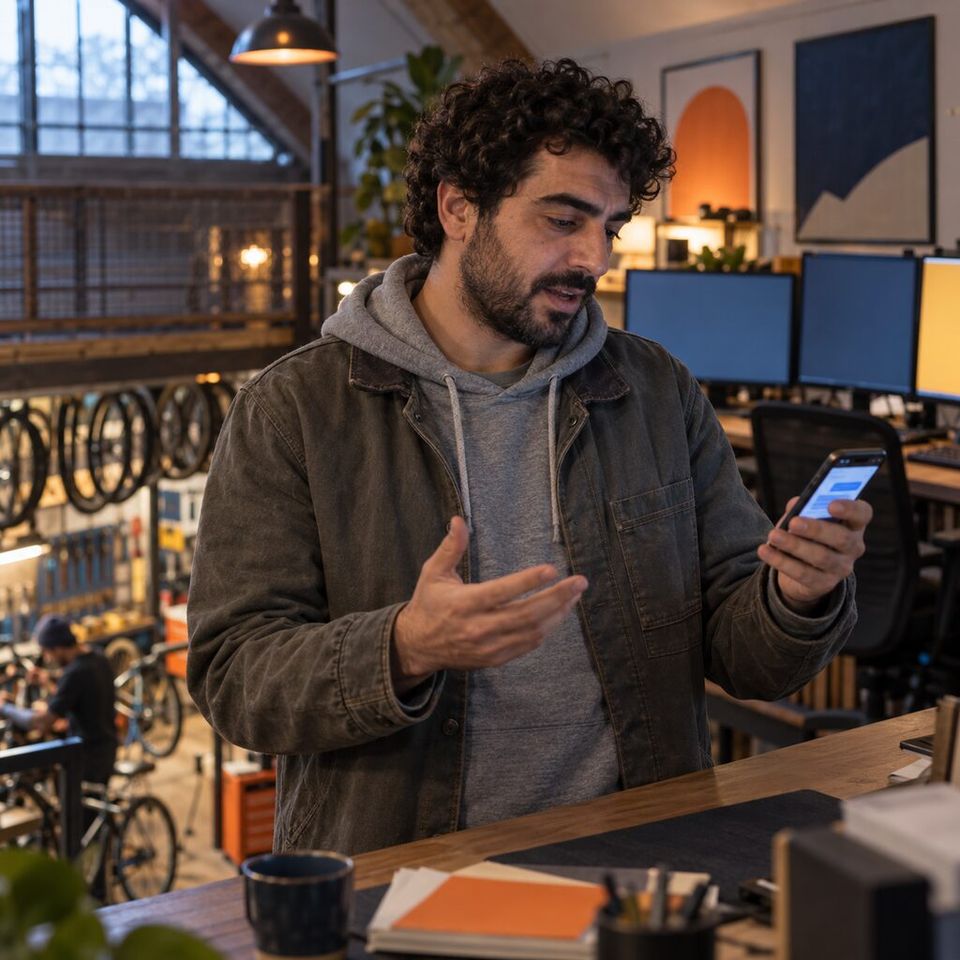 Illustrative photo: the lead programmer of a small game studio asks his studio for one small change from his phone.