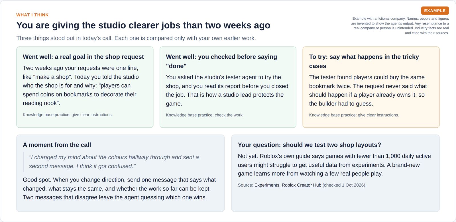 Two cards on what went well compared with two weeks ago, one card on what to try next, a moment quoted from the call and an answer about why a new game should not run experiments yet.