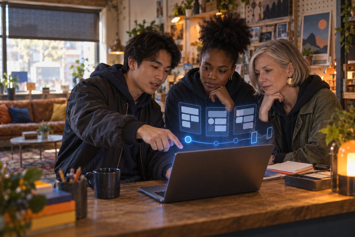 Illustrative photo: the GS Producer at work for the founding crew of a tiny independent game studio, laying out results as blue panels above a laptop.