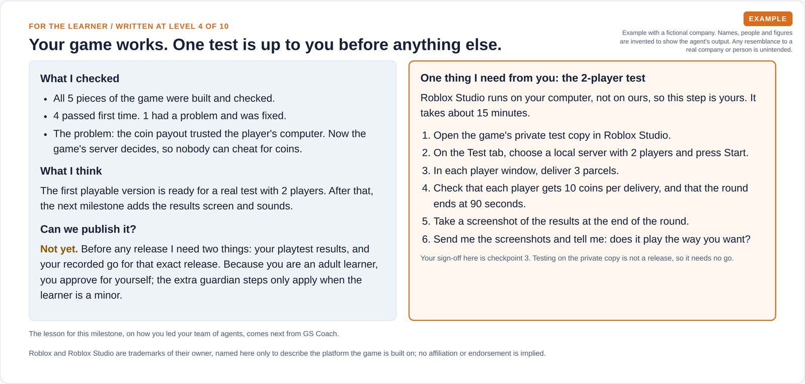 A short report written at level 4 of 10 for the learner, saying the game is not ready to publish yet, with step by step instructions for a 2-player test on their own computer.