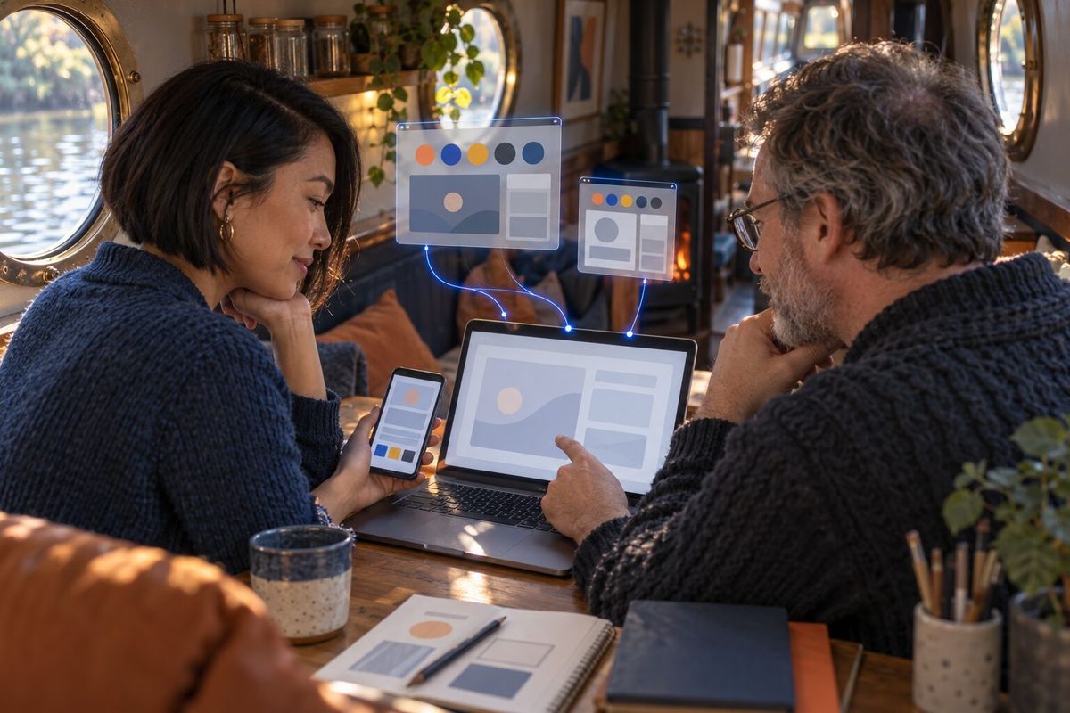Illustrative photo: the GS UI Developer at work for two members of a small game studio, laying out results as blue panels above a laptop.
