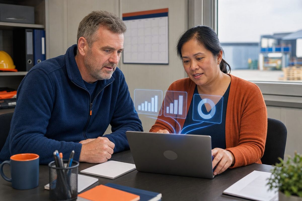 Illustrative photo: the Google Ads Agent at work for the owner and office manager checking what their ad spend brings in, laying out results as blue panels above a laptop.