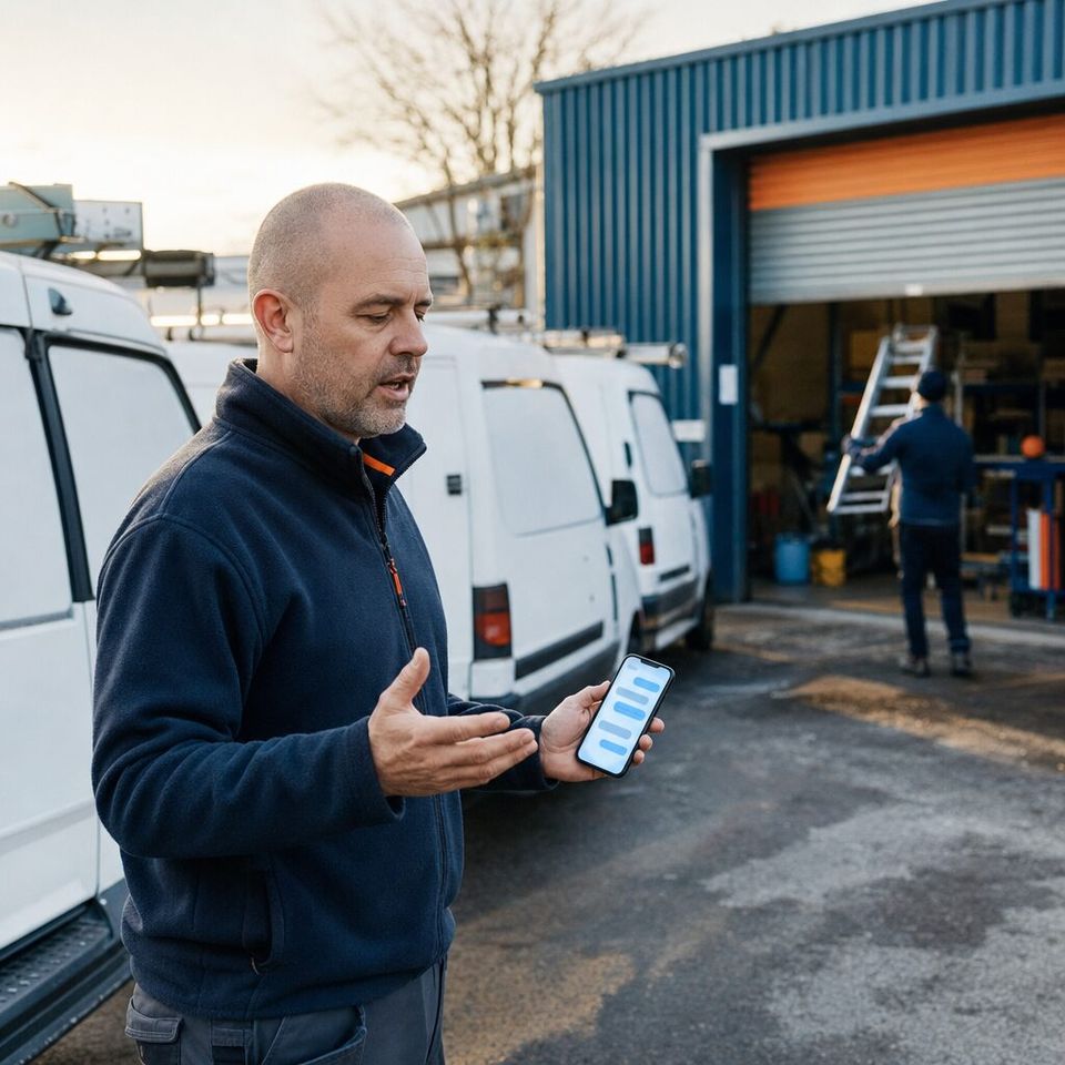 Illustrative photo: the owner of a heating and air-conditioning company asks the Google Ads Agent for help from their phone.