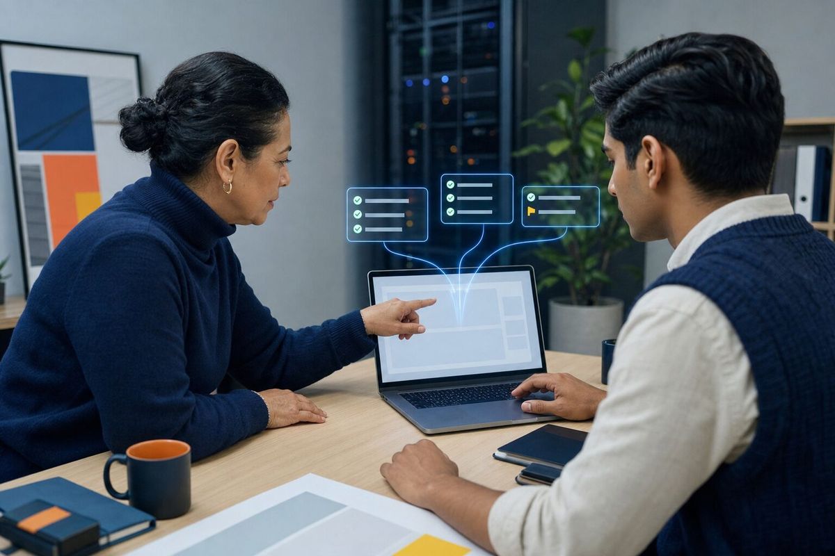 Illustrative photo: the Google Cloud Admin at work for the IT and development team at an architecture practice, laying out results as blue panels above a laptop.