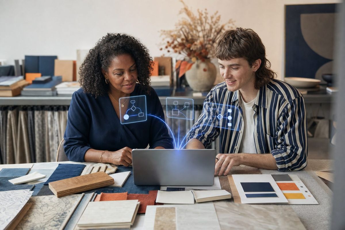 Illustrative photo: the Google Workspace Admin at work for the office team at an interior-design studio, laying out results as blue panels above a laptop.