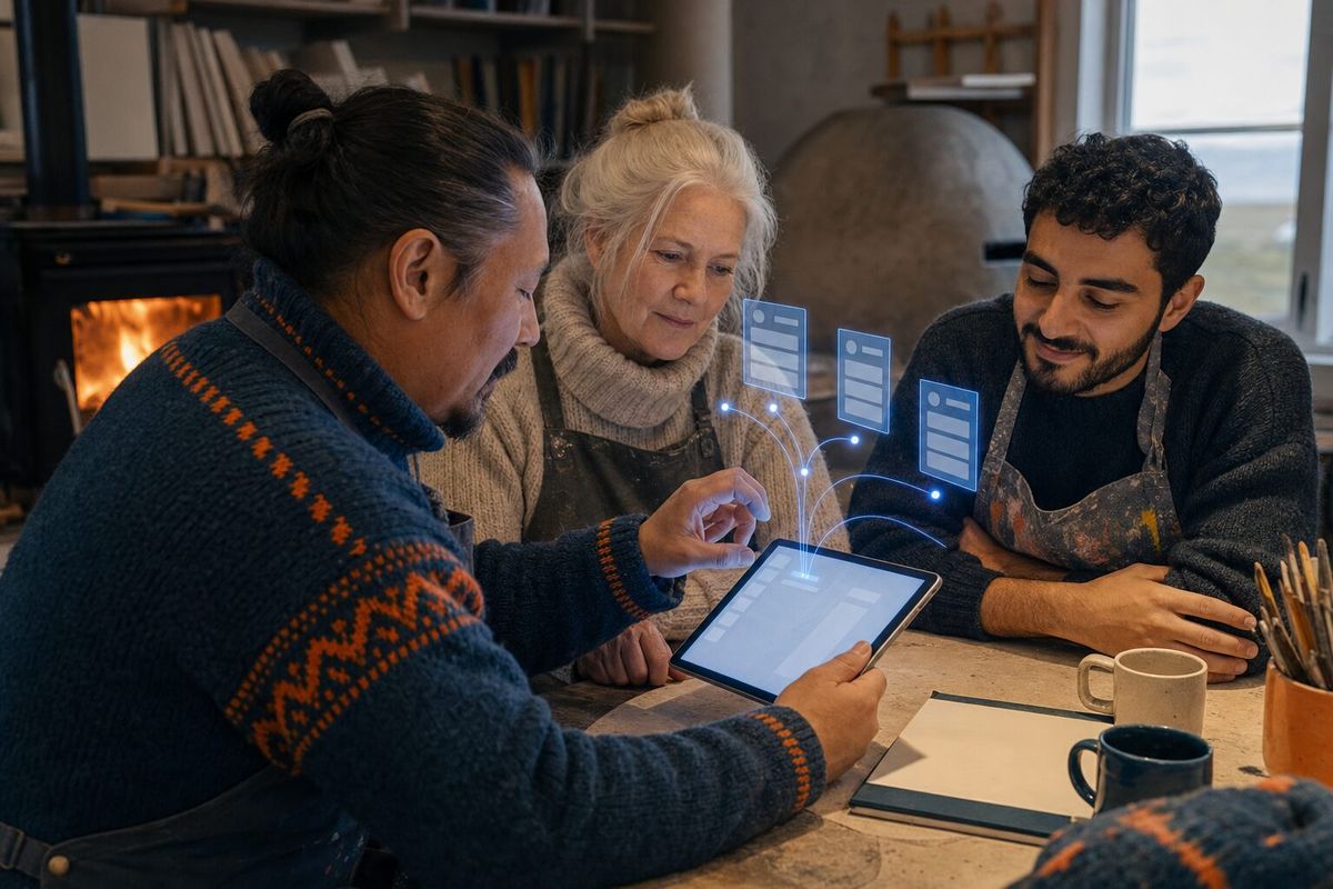 Illustrative photo: the Grant & Funding Finder at work for the director, treasurer and volunteer of a small rural arts charity, laying out results as blue panels above a tablet.