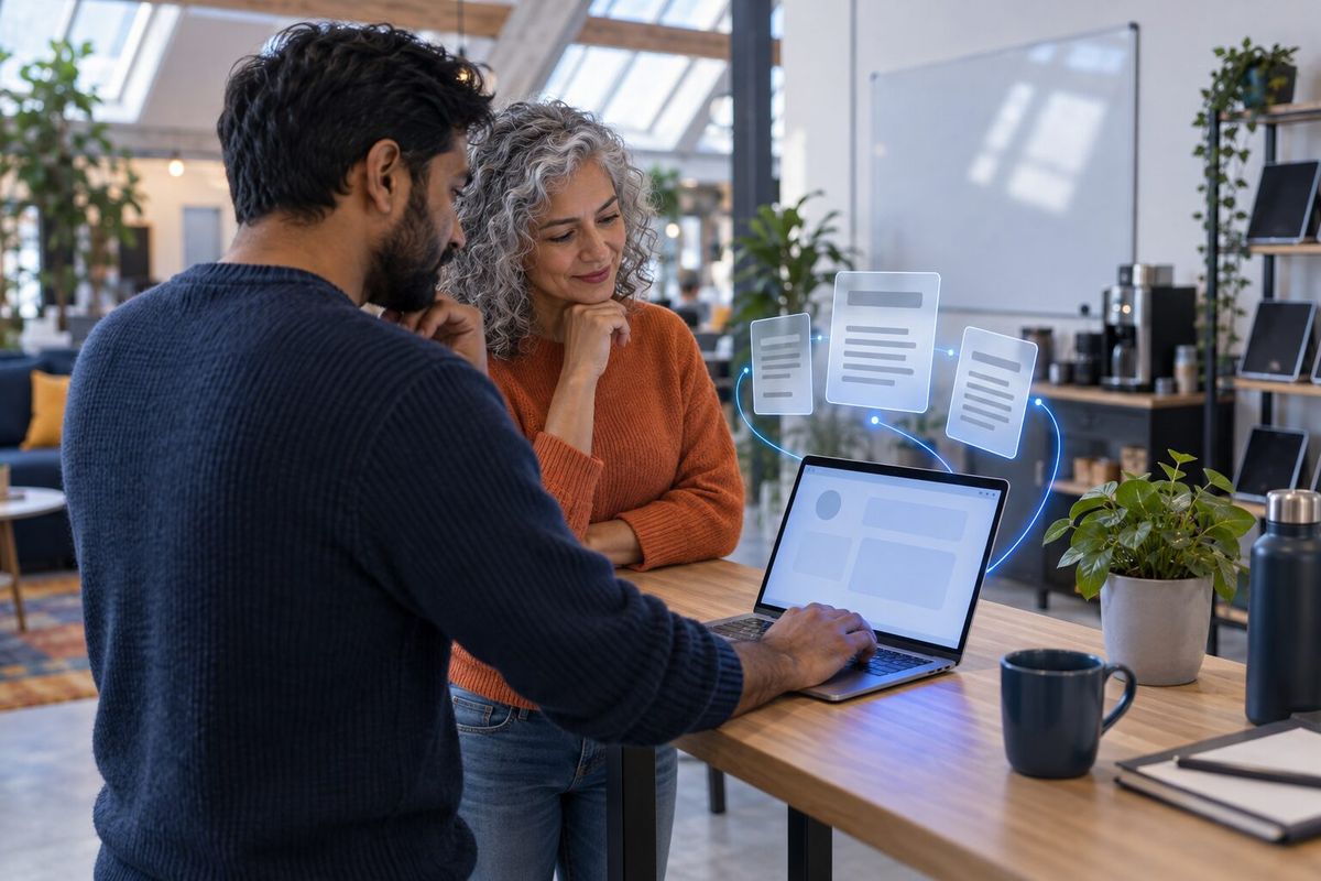 Illustrative photo: the Help Center Writer at work for the founder and support lead of a small company that makes a home-cleaning booking app, laying out results as blue panels above a laptop.